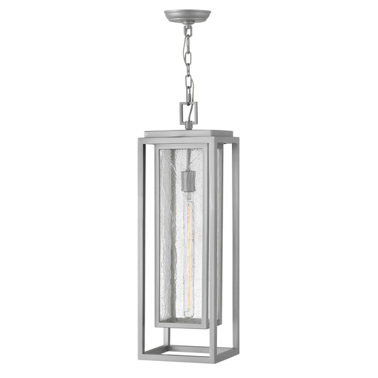 Hinkley Republic 27.5in 1-Light Outdoor Hanging Lantern | Transitional Satin Nickel Composite and Clear Seedy Glass | Covered Patios & | Model 1006SI