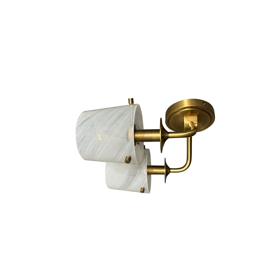 House of Troy 2Lt Sconce, Brass/Curved Arm And White Swirl Glass
