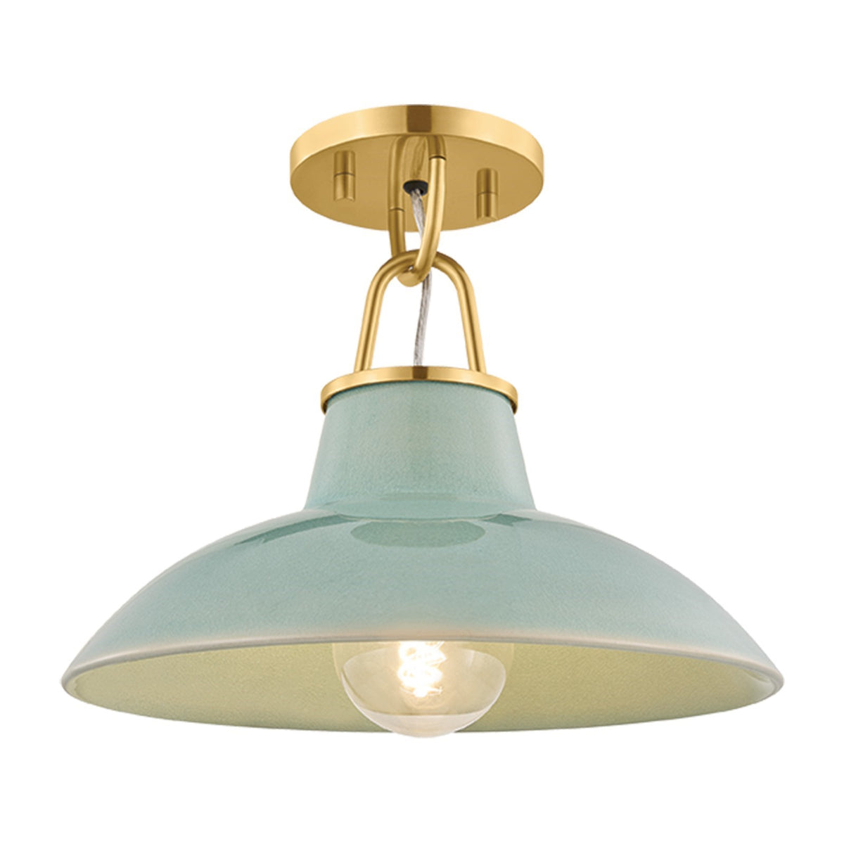 Hudson Valley Pottersville 12.5in 1-Light Flush Mount | Mid-Century Aged Brass and Ceramic Moss Crackle | Kitchen & Hallway | Model 1928-AGB-CMC