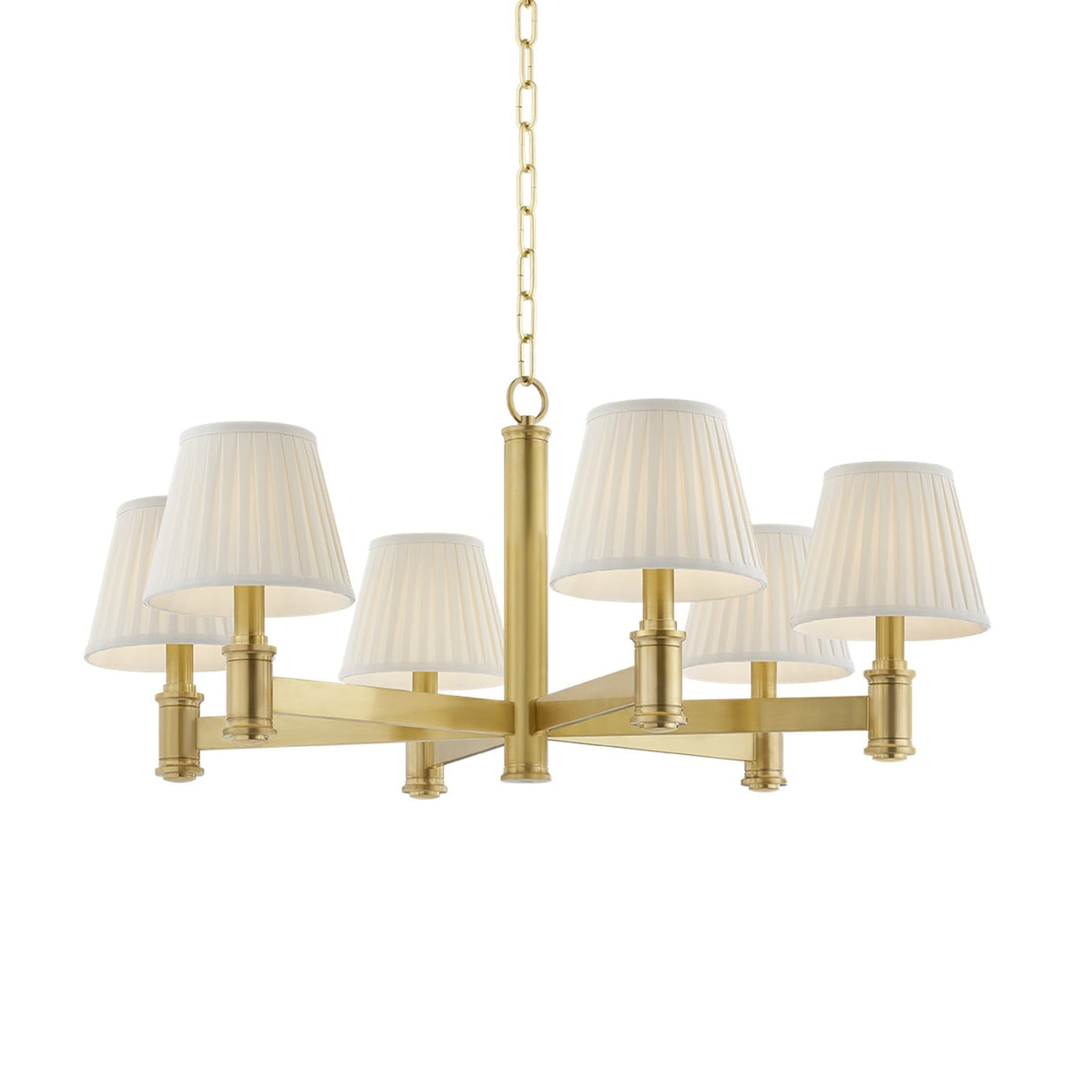 Hudson Valley Woodland Park 32in 6-Light Chandelier | Traditional Aged Brass and Cream Silk Pleated Shades | Dining Room & Bedroom | Model 3532-AGB