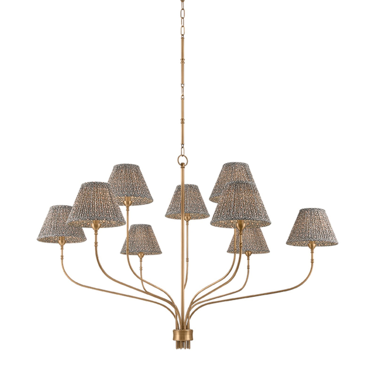 Hudson Valley Garnerville 54in 9-Light Chandelier | Patina Brass and Mimosa Moss Textile | Dining Room & Foyer | 54 x 34 in | Model 9349C-PBR