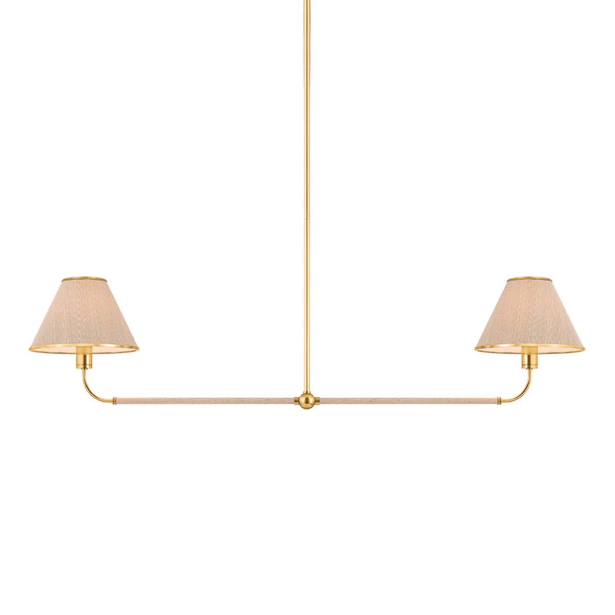 Hudson Valley Shore Road 11in 2-Light Linear Chandelier | 1970s Aged Brass and Natural Grasscloth | Kitchen Island & Dining Room | Model 9832-AGB