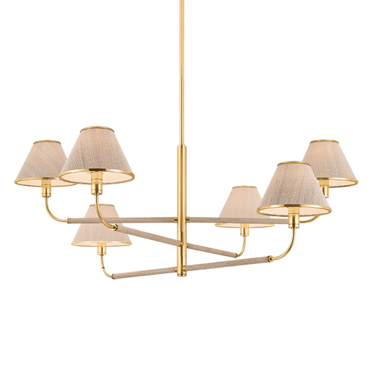 Hudson Valley Shore Road 43.5in 6-Light Chandelier | 1970s Aged Brass and Natural Grasscloth | Dining Room & Foyer | 43.5 x 17.25 in | Model 9836-AGB