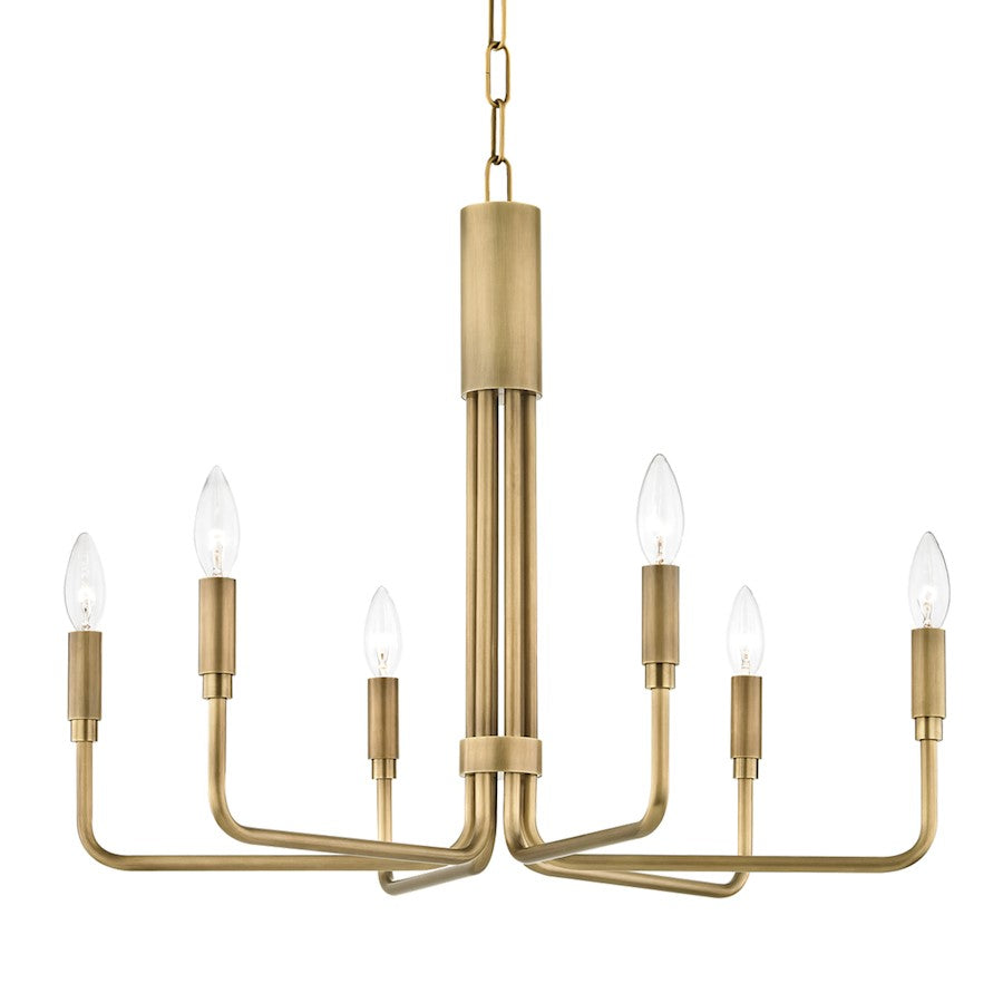 6 Light Small Pendant, Aged Brass