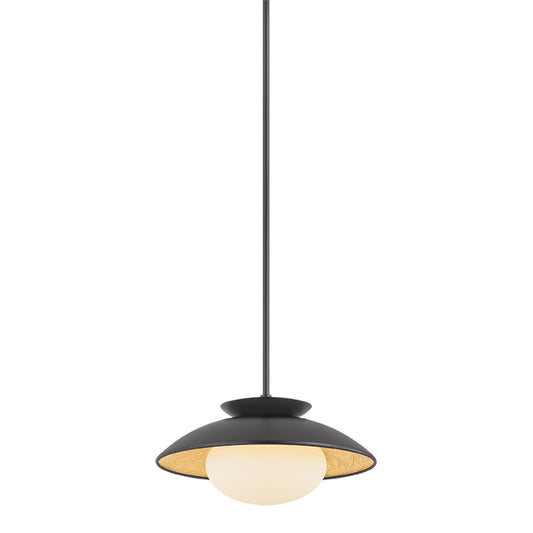 Mitzi Cadence 14in 1-Light Pendant | Black Steel and Opal Matte Glass with Gold Leaf Interior | Kitchen Island & Dining Room | Model H368701S-BK-GL