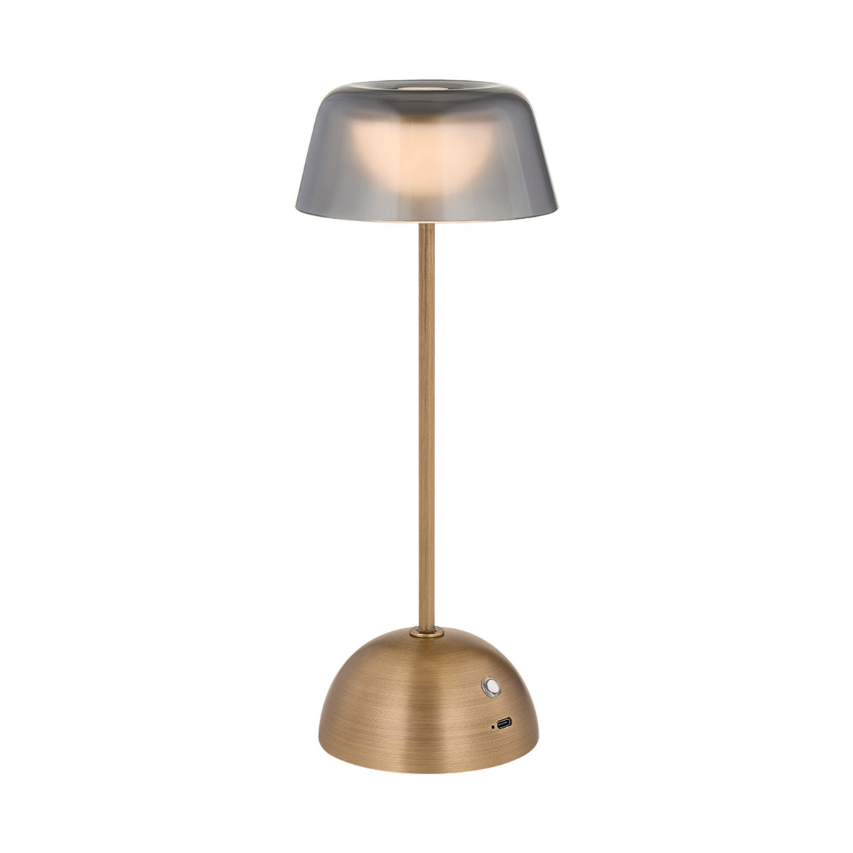 Hudson Valley Hughsonville 11in Rechargeable Table Lamp | Modern Patina Brass and Smoke Glass | Bedroom & Patio | 4.25 x 11.25 in | Model L2091-PBR