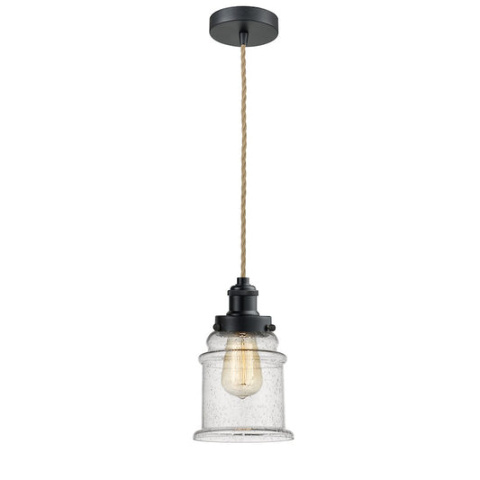 Innovations Lighting Edison Canton 8in 1-Light Mini Pendant | Industrial Matte Black and Seedy Glass | Kitchen Island | Model 100BK-10RE-1H-BK-G184