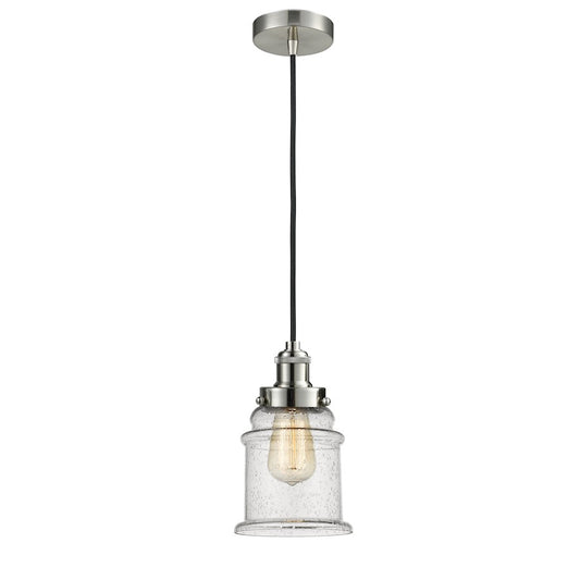 Innovations Canton 1-Light Mini Pendant | Industrial Satin Nickel and Seedy Glass | Kitchen Island & Dining Room | Model 100SN-10BK-1H-SN-G184