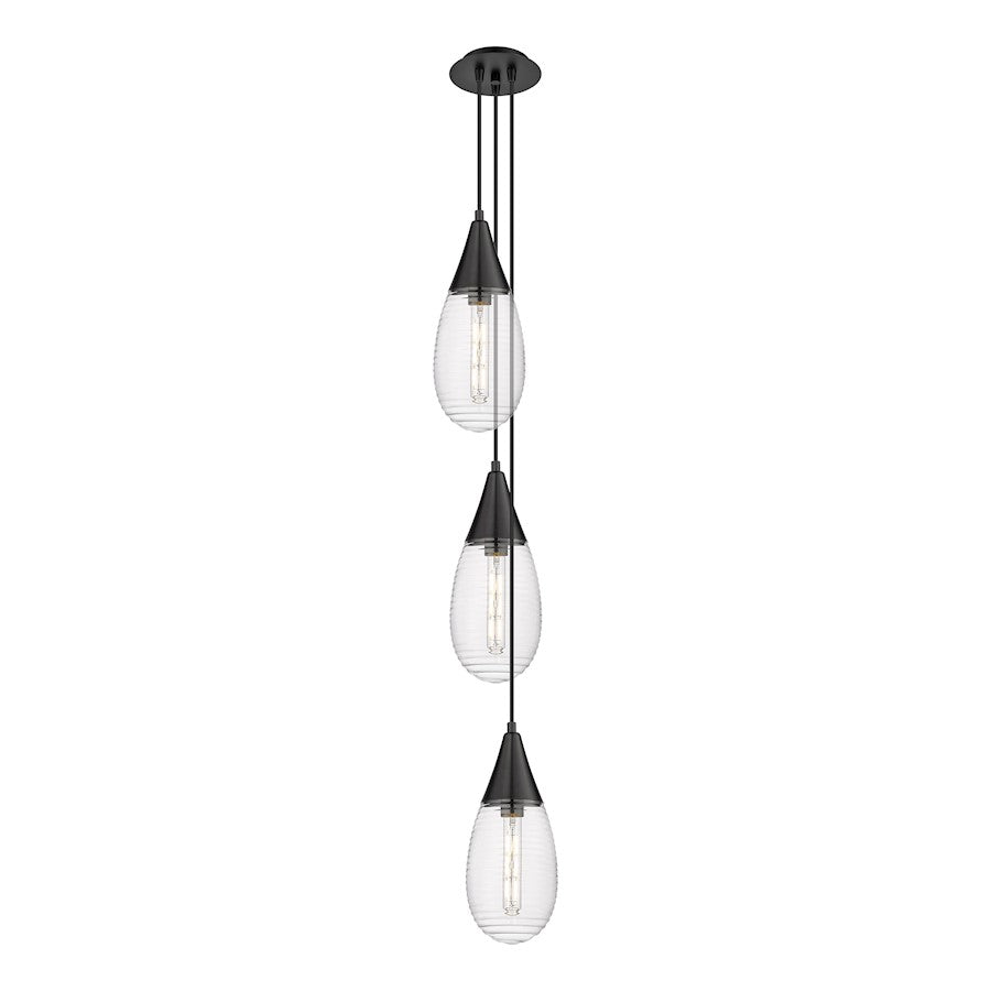 Innovations Malone 14in 3-Light Pendant | Matte Black and Striped Clear Glass | Kitchen Island & Dining Room | Model 103-450-1P-BK-G450-6SCL