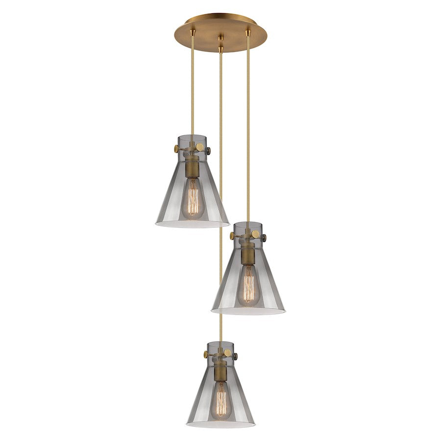 Innovations Newton Cone 3-Light 8in Pendant | Industrial Brushed Brass and Light Smoke Glass | Kitchen Island | Model 113-410-1PS-BB-G411-8SM