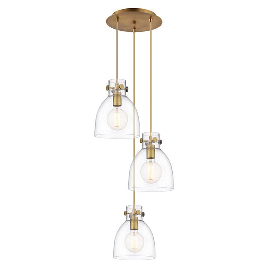 Innovations Newton Bell 15.5in 3-Light Pendant | Industrial Brushed Brass and Clear Glass | Kitchen Island & Dining | Model 113-410-1PS-BB-G412-8CL