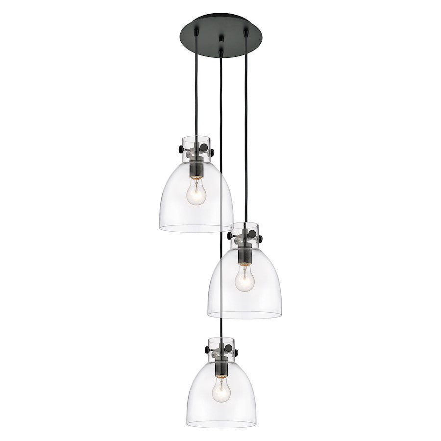 Innovations Newton Bell 15.5in 3-Light Pendant | Industrial Matte Black and Clear Glass | Kitchen Island & Dining | Model 113-410-1PS-BK-G412-8CL