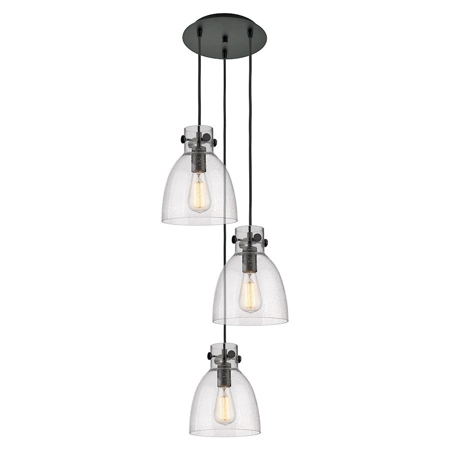 Innovations Newton Bell 16in 3-Light Pendant | Industrial Matte Black and Seedy Glass | Kitchen Island & Dining Room | Model 113-410-1PS-BK-G412-8SDY