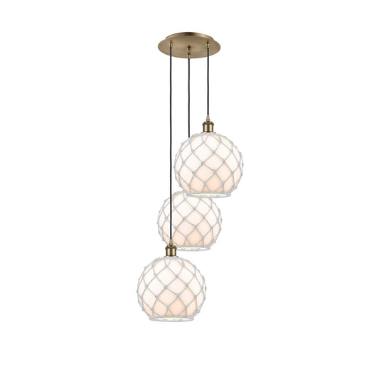 Innovations Farmhouse Rope 17in 3-Light Multi Pendant | Industrial Antique Brass Steel and White Glass with White Rope | Model 113B-3P-AB-G121-10RW