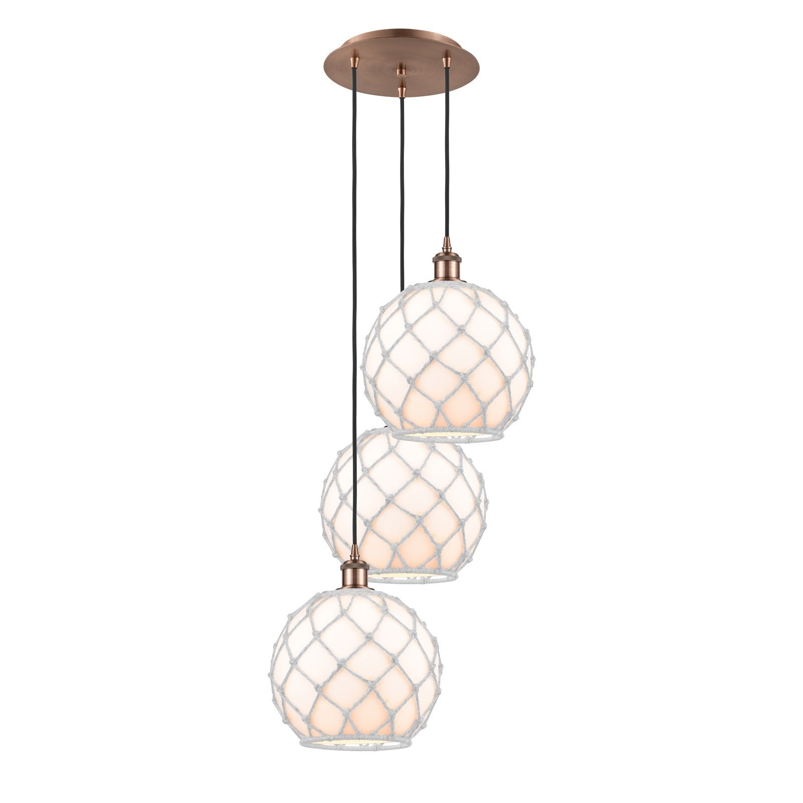 Innovations Farmhouse Rope 17in 3-Light Multi Pendant | Industrial Antique Copper Steel and White Glass with White Rope | Model 113B-3P-AC-G121-10RW