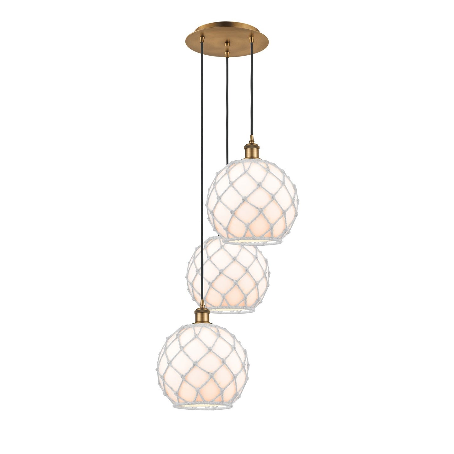 Innovations Farmhouse Rope 17in 3-Light Multi Pendant | Industrial Brushed Brass Steel and White Glass with White Rope | Model 113B-3P-BB-G121-10RW