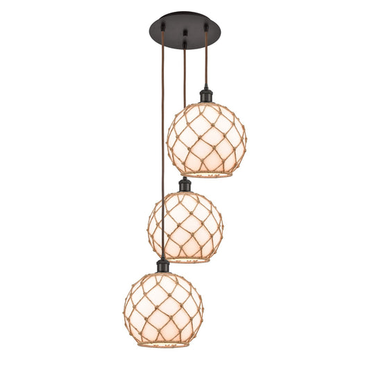 Innovations Farmhouse Rope 17in 3-Light Multi Pendant | Industrial Oil Rubbed Bronze and Matte White Glass with Brown Rope | Model 113B-3P-OB-G121-10RB