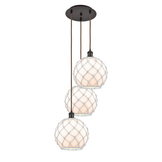 Innovations Farmhouse 17in 3-Light Multi Pendant | Industrial Oil Rubbed Bronze Steel and White Glass with Rope | Kitchen | Model 113B-3P-OB-G121-10RW