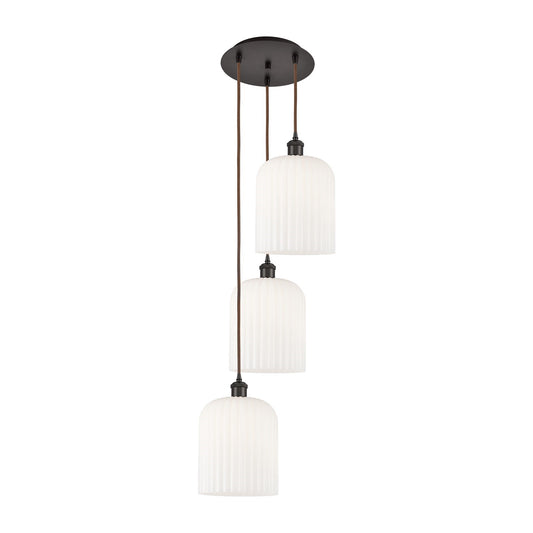 Innovations Bridal Veil 12in 3-Light Multi Pendant | Industrial Oil Rubbed Bronze and Gloss White Ribbed Glass | Kitchen | Model 113B-3P-OB-G559-8GWH