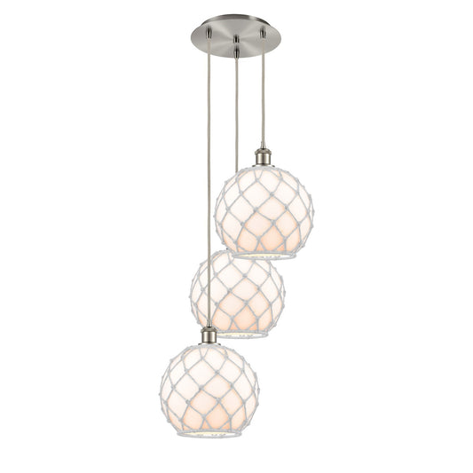 Innovations Farmhouse Rope 17in 3-Light Multi Pendant | Industrial Brushed Satin Nickel and White Glass with White Rope | Model 113B-3P-SN-G121-10RW