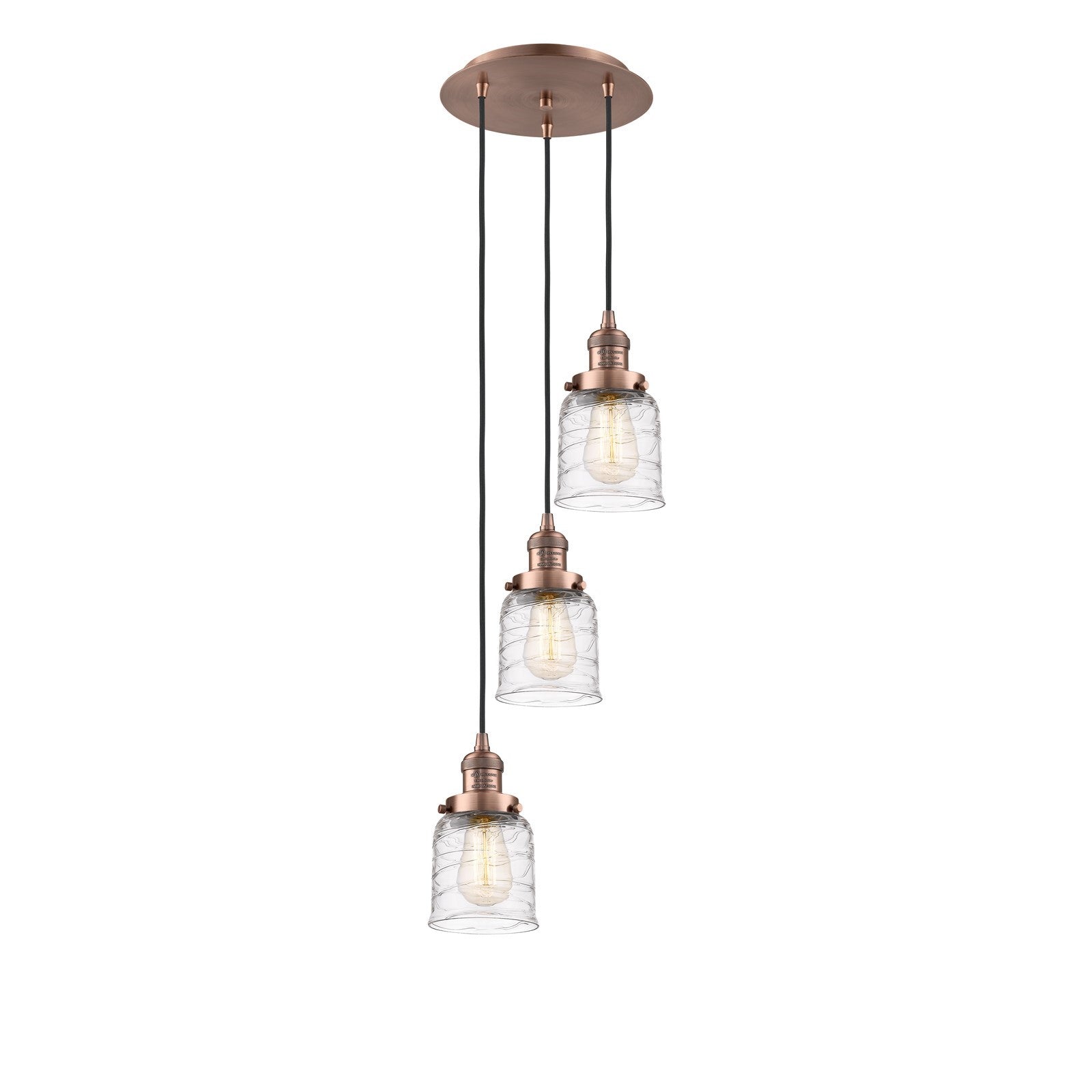 Innovations Bell 12in 3-Light Multi Pendant | Traditional Art Deco Antique Copper Steel and Clear Deco Swirl Glass | Kitchen | Model 113F-3P-AC-G513