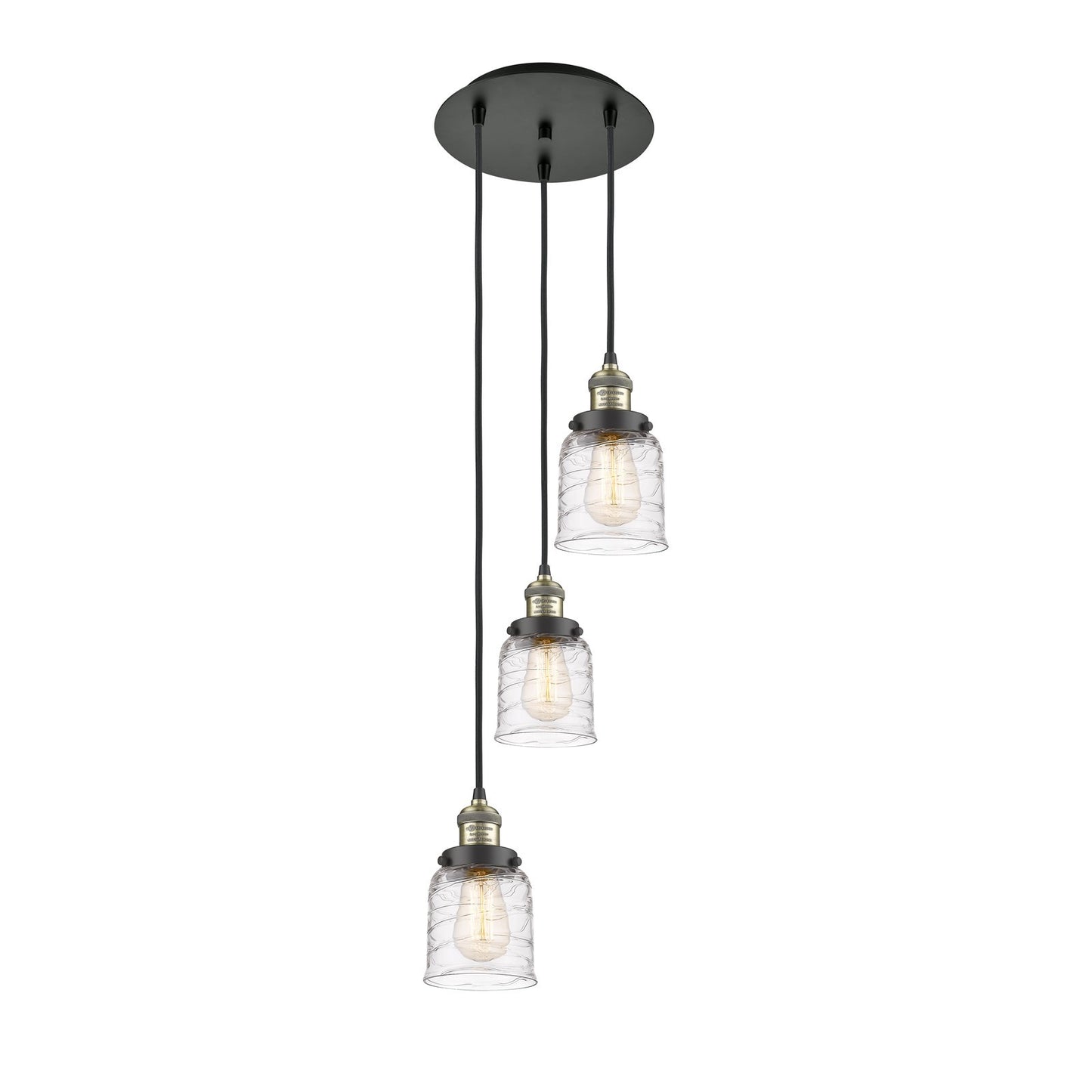 Innovations Bell 12in 3-Light Multi Pendant | Traditional Art Deco Black Antique Brass Steel and Clear Deco Swirl Glass | Kitchen | Model 113F-3P-BAB-G513