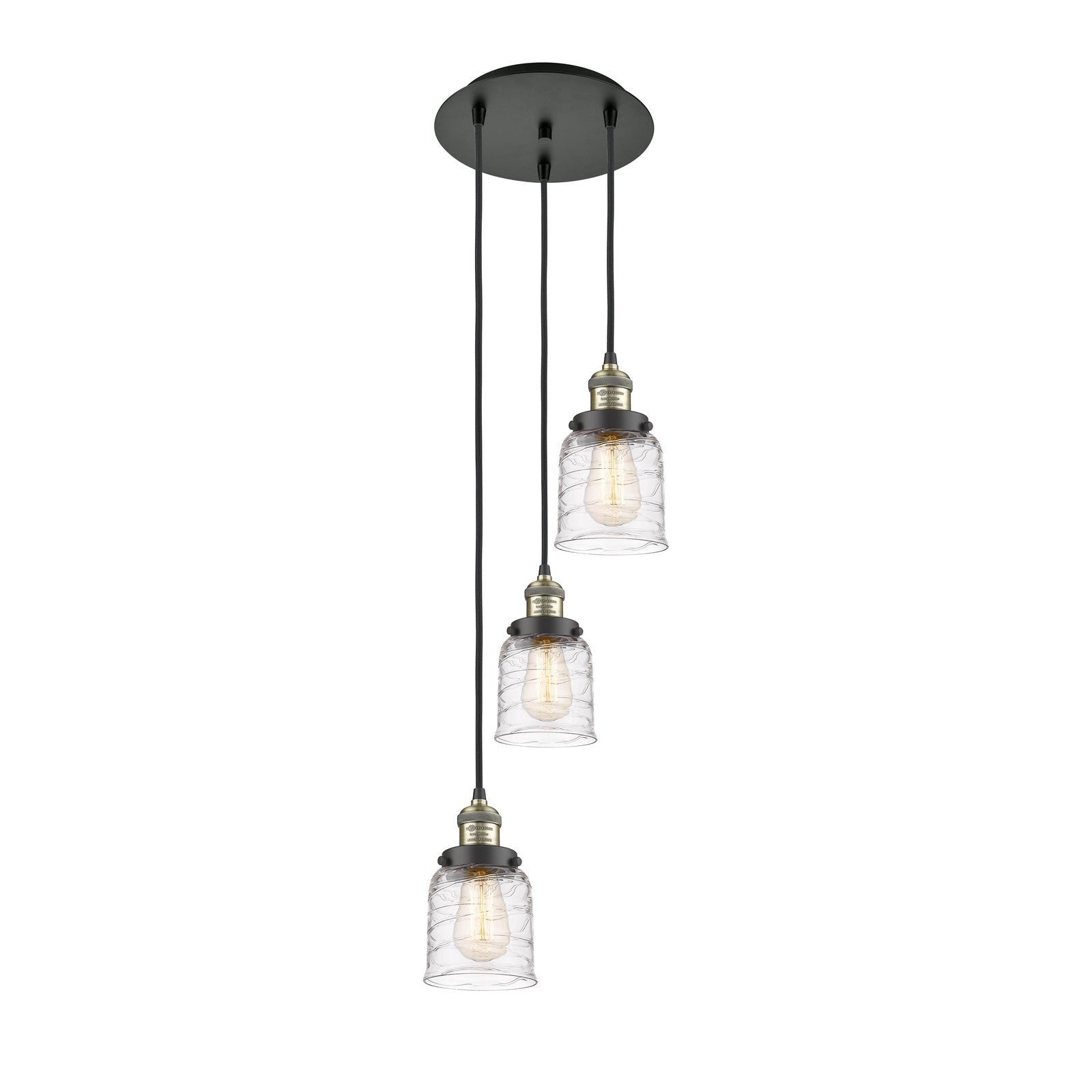 Innovations Bell 12in 3-Light Multi Pendant | Traditional Art Deco Black Antique Brass Steel and Clear Deco Swirl Glass | Kitchen | Model 113F-3P-BAB-G513