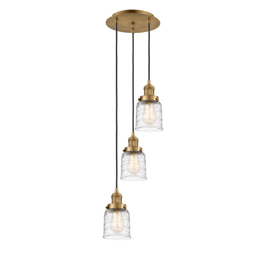 Innovations Bell 12in 3-Light Pendant | Traditional Art Deco Brushed Brass and Clear Deco Swirl Glass | Kitchen Island & Dining | Model 113F-3P-BB-G513