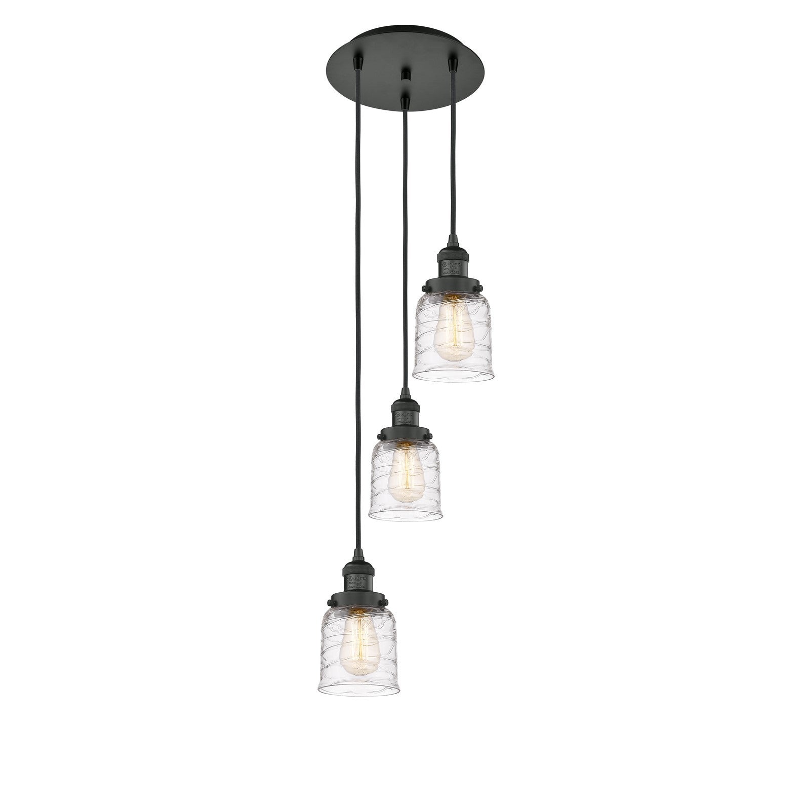 Innovations Bell 3-Light 12in Multi Pendant | Traditional Art Deco Matte Black Steel and Clear Deco Swirl Glass | Kitchen Island & | Model 113F-3P-BK-G513