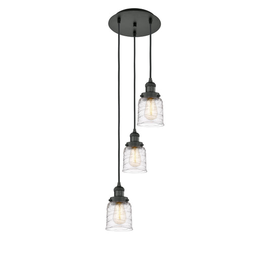 Innovations Bell 3-Light 12in Multi Pendant | Traditional Art Deco Matte Black Steel and Clear Deco Swirl Glass | Kitchen Island & | Model 113F-3P-BK-G513
