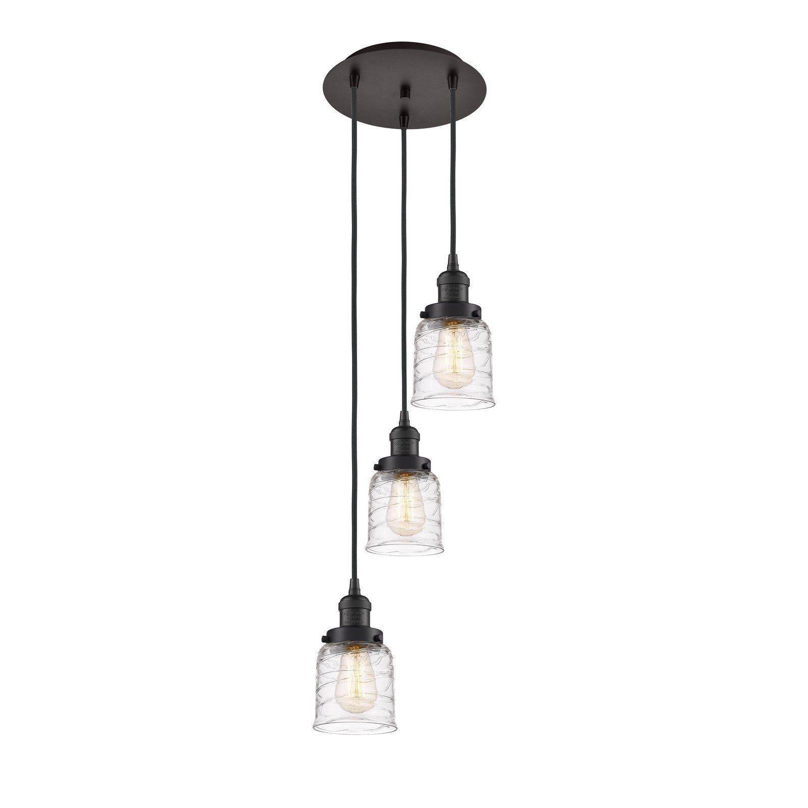 Innovations Bell 12in 3-Light Pendant | Traditional Oil Rubbed Bronze Steel and Clear Deco Swirl Glass | Kitchen Island & Dining | Model 113F-3P-OB-G513