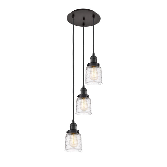 Innovations Bell 12in 3-Light Pendant | Traditional Oil Rubbed Bronze Steel and Clear Deco Swirl Glass | Kitchen Island & Dining | Model 113F-3P-OB-G513
