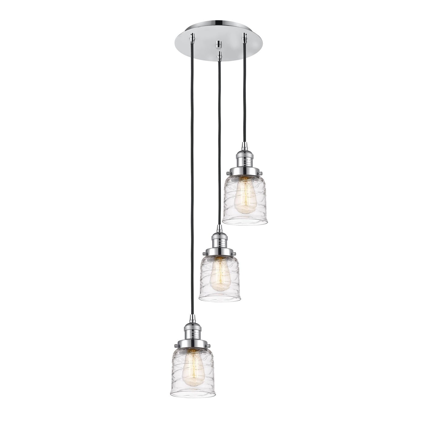 Innovations Bell 12in 3-Light Pendant | Traditional Art Deco Polished Chrome and Clear Deco Swirl Glass | Kitchen Island & Dining | Model 113F-3P-PC-G513