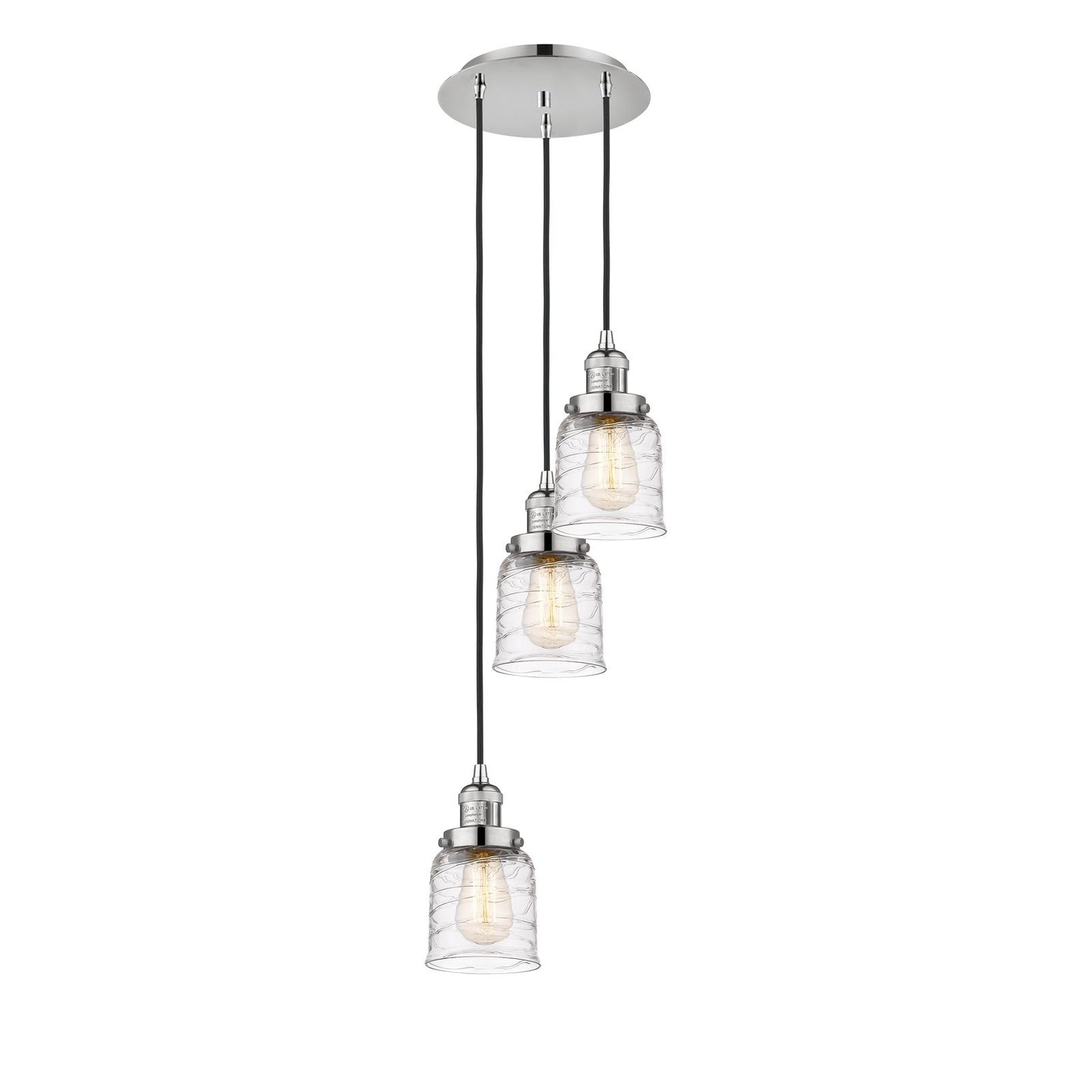 Innovations Bell 12in 3-Light Multi Pendant | Traditional Art Deco Polished Nickel and Clear Deco Swirl Glass | Kitchen Island & | Model 113F-3P-PN-G513