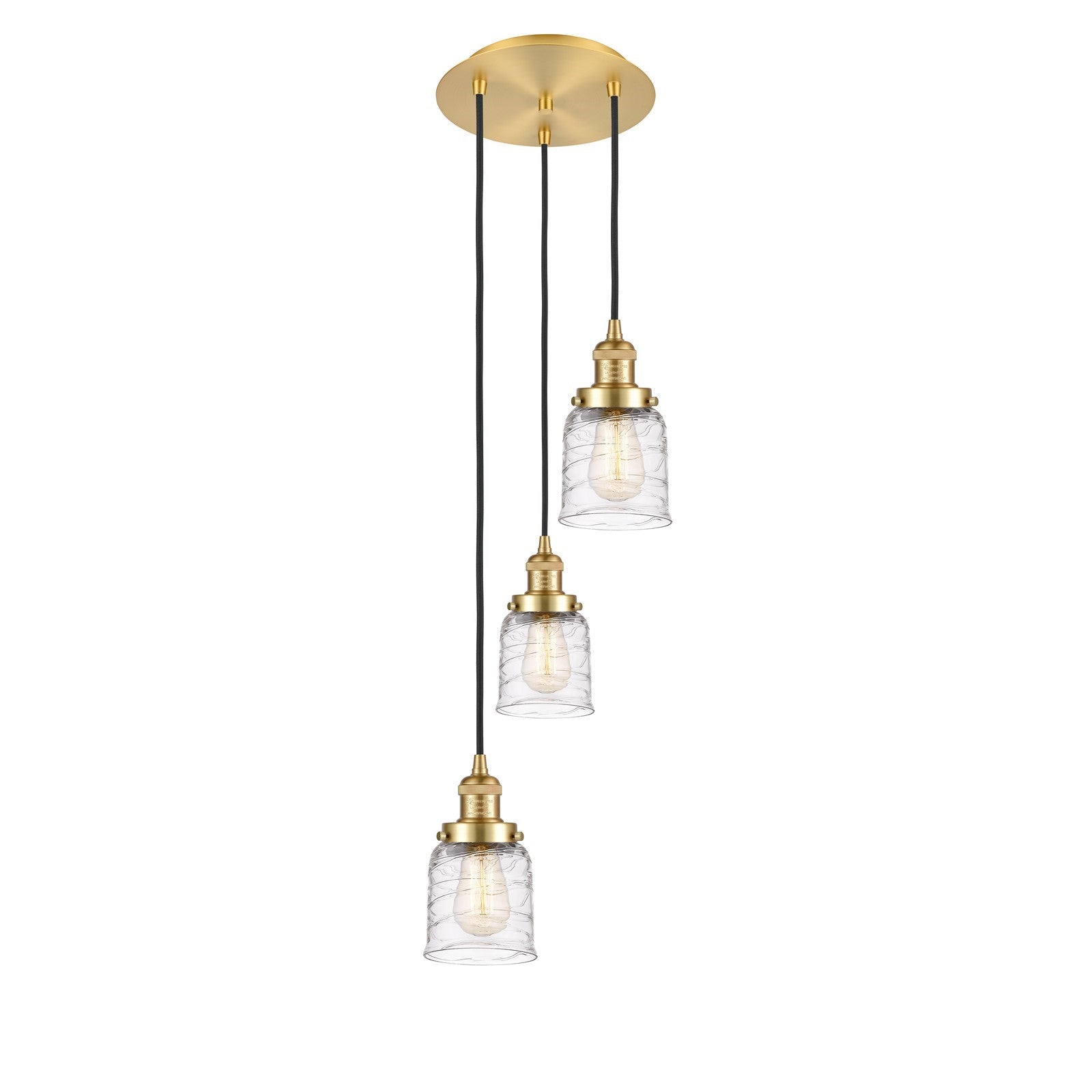Innovations Bell 12in 3-Light Multi Pendant | Traditional Art Deco Satin Gold Steel and Clear Deco Swirl Glass | Kitchen Island & | Model 113F-3P-SG-G513