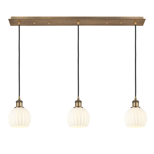 Innovations White Venetian 38in 3-Light Linear Pendant | Art Deco Brushed Brass Steel and Clear Glass | Kitchen Island & | Model 123B-3P-BB-G1217-6WV