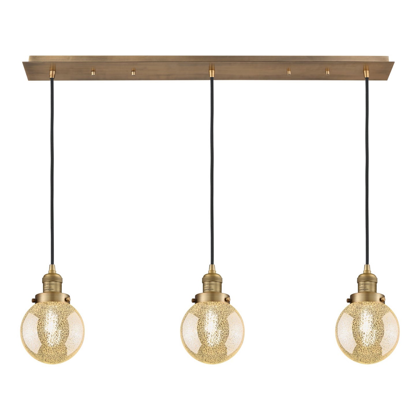 Innovations Beacon 38in 3-Light Linear Pendant | Art Deco Brushed Brass and Mercury Seeded Glass | Kitchen Island & Dining Room | Model 123F-3P-BB-G208-6