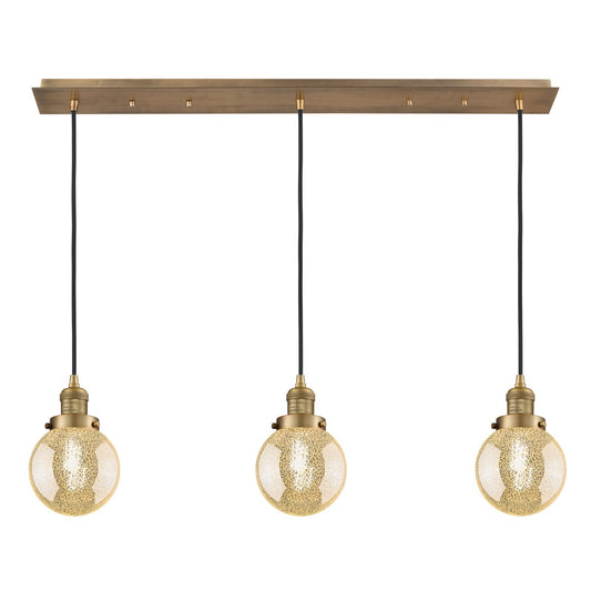 Innovations Beacon 38in 3-Light Linear Pendant | Art Deco Brushed Brass and Mercury Seeded Glass | Kitchen Island & Dining Room | Model 123F-3P-BB-G208-6