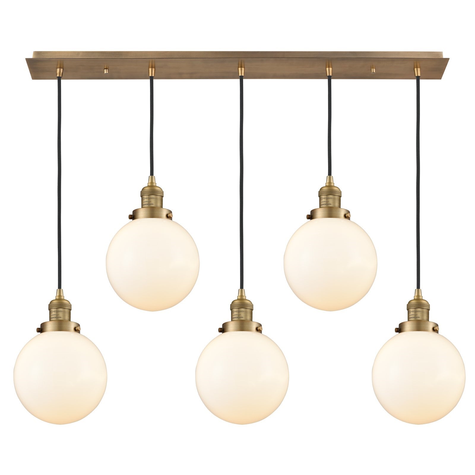 Innovations Beacon 40in 5-Light Linear Pendant | Art Deco Brushed Brass Steel and Matte White Frosted Glass | Kitchen Island & | Model 125F-5P-BB-G201-8