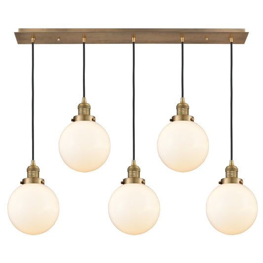 Innovations Beacon 40in 5-Light Linear Pendant | Art Deco Brushed Brass Steel and Matte White Frosted Glass | Kitchen Island & | Model 125F-5P-BB-G201-8