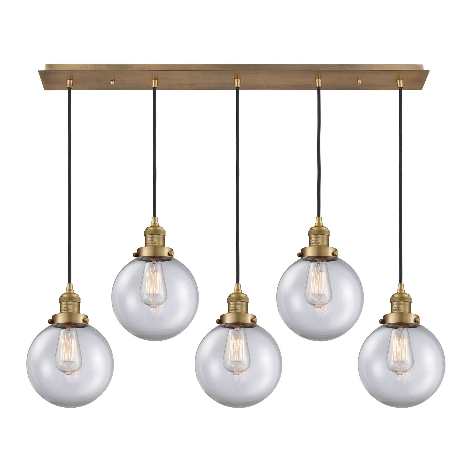 Innovations Beacon 40in 5-Light Linear Pendant | Art Deco Brushed Brass and Clear Glass | Kitchen Island & Dining Room | Model 125F-5P-BB-G202-8