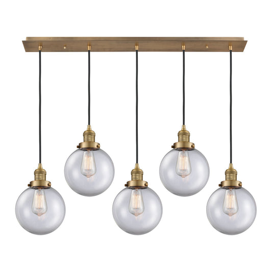 Innovations Beacon 40in 5-Light Linear Pendant | Art Deco Brushed Brass and Clear Glass | Kitchen Island & Dining Room | Model 125F-5P-BB-G202-8