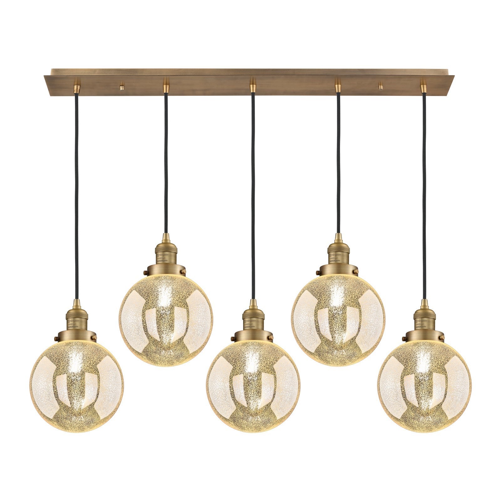 Innovations Beacon 40in 5-Light Linear Pendant | Art Deco Brushed Brass Steel and Mercury Seeded Glass | Kitchen Island & Dining | Model 125F-5P-BB-G208-8