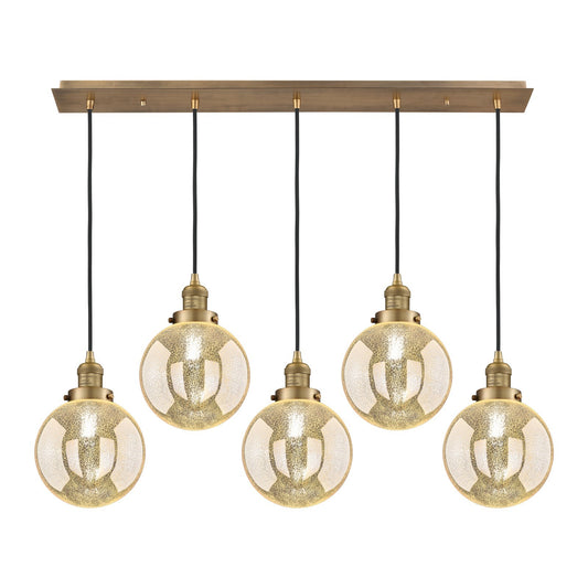 Innovations Beacon 40in 5-Light Linear Pendant | Art Deco Brushed Brass Steel and Mercury Seeded Glass | Kitchen Island & Dining | Model 125F-5P-BB-G208-8