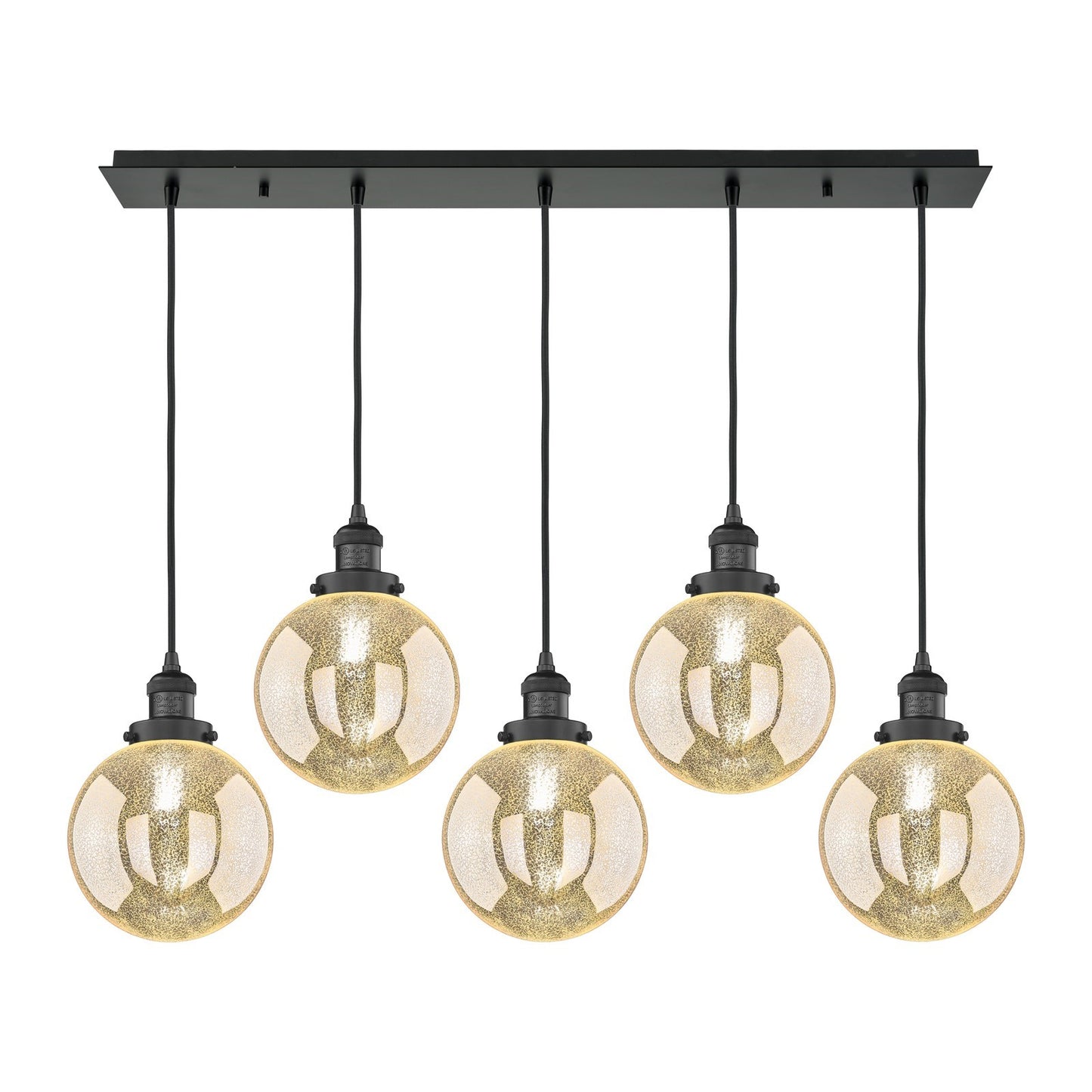 Innovations Beacon 40in 5-Light Linear Pendant | Art Deco Matte Black Steel and Mercury Seeded Glass | Kitchen Island & Dining | Model 125F-5P-BK-G208-8