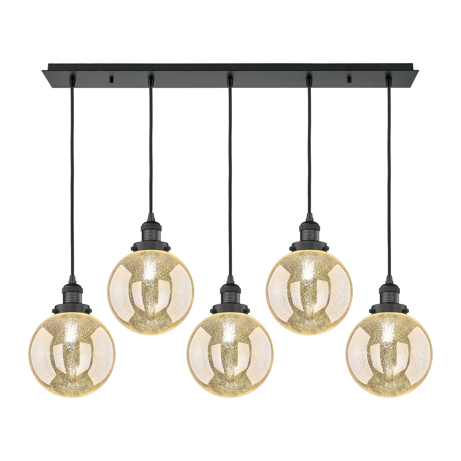 Innovations Beacon 40in 5-Light Linear Pendant | Art Deco Matte Black Steel and Mercury Seeded Glass | Kitchen Island & Dining | Model 125F-5P-BK-G208-8