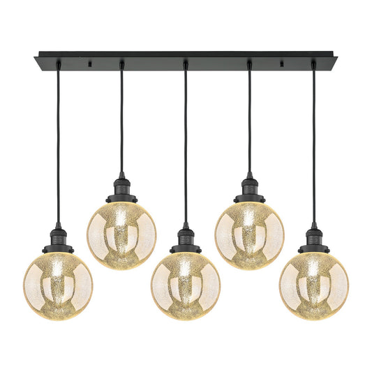 Innovations Beacon 40in 5-Light Linear Pendant | Art Deco Matte Black Steel and Mercury Seeded Glass | Kitchen Island & Dining | Model 125F-5P-BK-G208-8