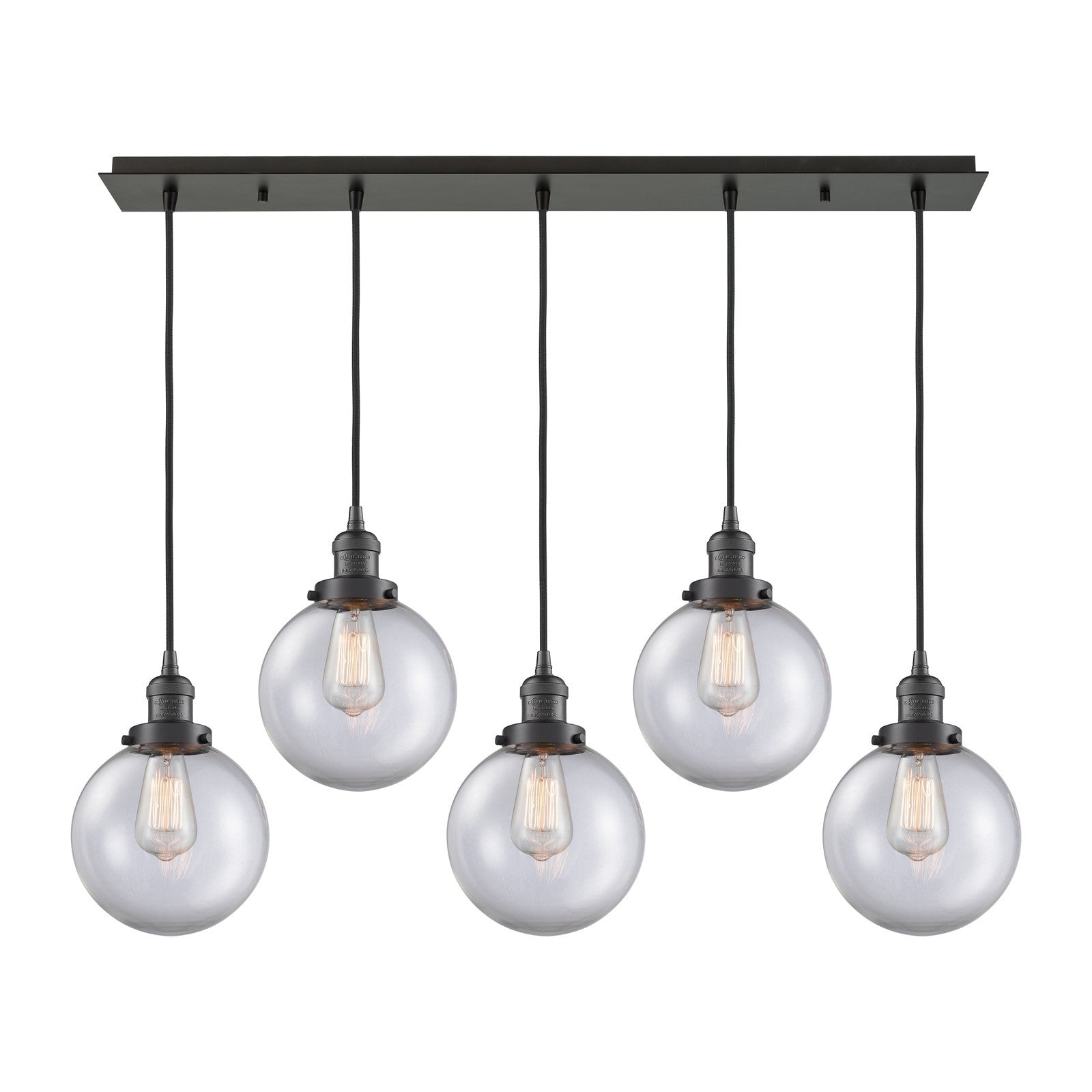 Innovations Beacon 40in 5-Light Linear Pendant | Art Deco Oil Rubbed Bronze Steel and Clear Glass | Kitchen Island & Dining Room | Model 125F-5P-OB-G202-8