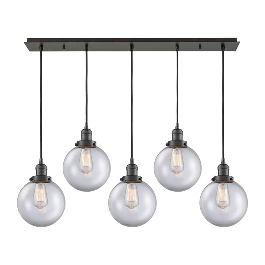 Innovations Beacon 40in 5-Light Linear Pendant | Art Deco Oil Rubbed Bronze Steel and Clear Glass | Kitchen Island & Dining Room | Model 125F-5P-OB-G202-8