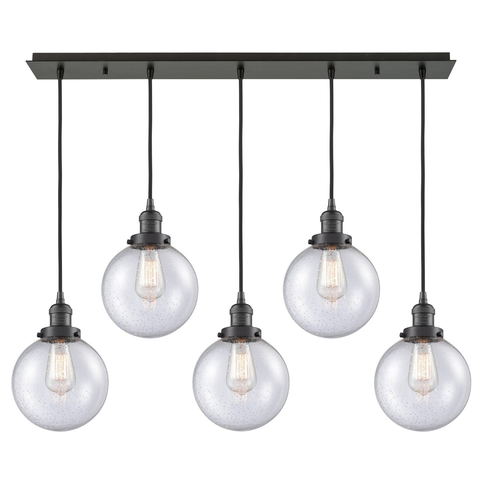 Innovations Beacon 40in 5-Light Linear Pendant | Art Deco Oil Rubbed Bronze Steel and Seedy Glass | Kitchen Island & Dining Room | Model 125F-5P-OB-G204-8